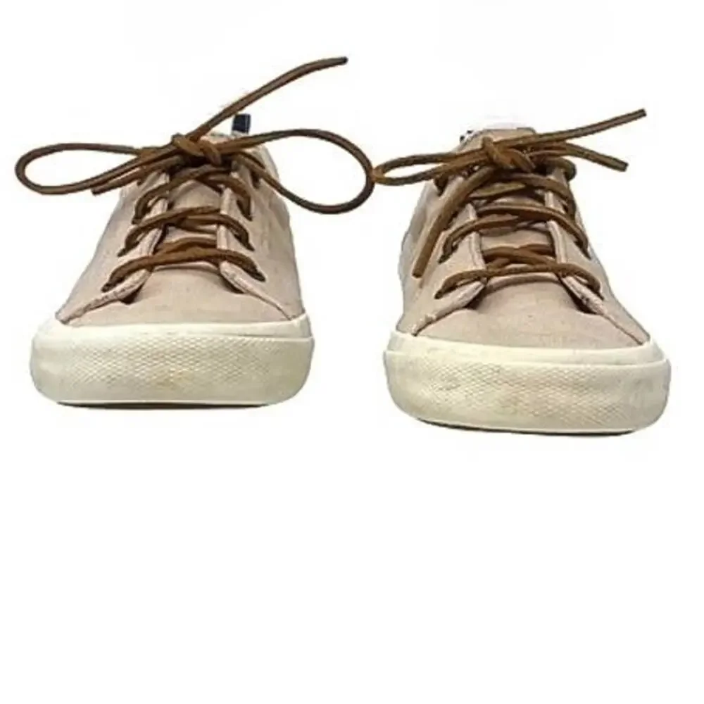 SPERRY Crest Vibe Oat Beige Linen Sneaker Cowhide Leather Laces ~ Women's Size 8